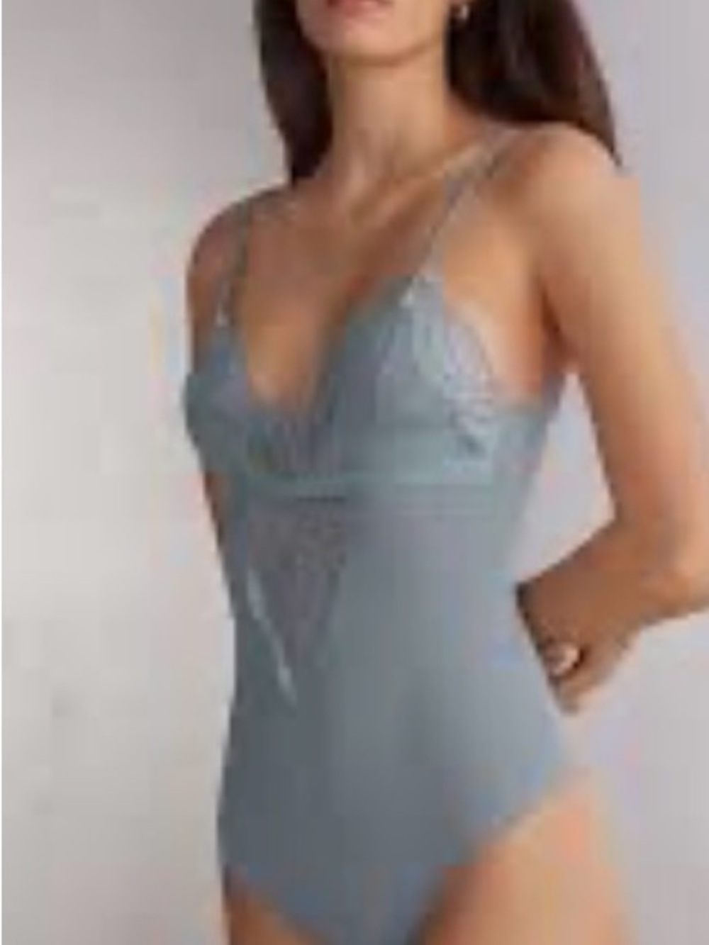 French Connection Lace Trim Bodysuit in Dusty Blue size Medium